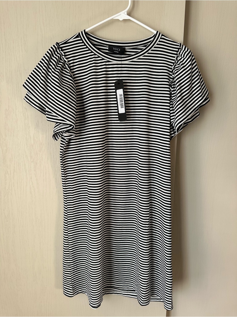 VICI Black & White Striped Ruffle Sleeve Top
